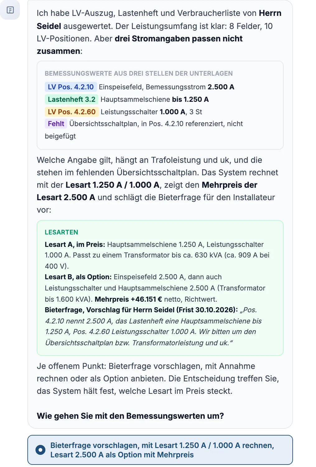 Bildschirmfoto: Bemessungswerte aus LV und Lastenheft, zwei Varianten mit Mehrpreis und vorgeschlagener Rückfrage
